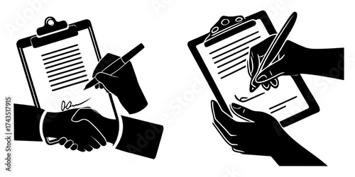 Official papers on a clipboard are signed with a pen by a pair of hands in a 3D rendered image on a white background