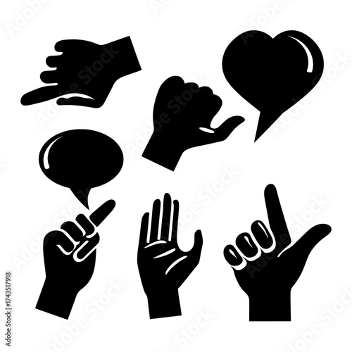 A cartoon illustration in plastic style features 3d render hand gestures, including thumb down, victory sign, pointing finger, crossed fingers with heart, writing palm, and a speech bubble, as
