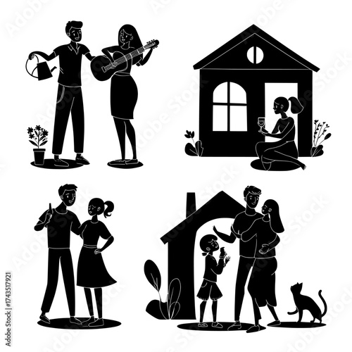 In a modern flat illustration, a set of happy people are shown in windows, where various scenes unfold, including men and women tending to flowers, playing the guitar, sipping wine with neighbors,