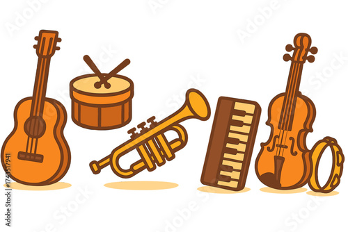 Collection of various musical instruments including guitar drum trumpet violin and keyboard