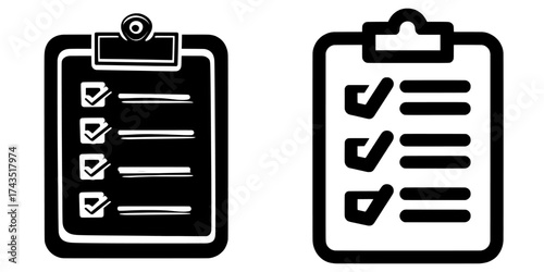 The clipboard icon set includes a checklist on the clipboard line icon with checkmarks, along with other icons such as a checklist, document, gear, and pencil, all in a modern illustration style with