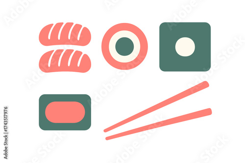 Minimalist set of stylized sushi pieces and chopsticks in modern flat design