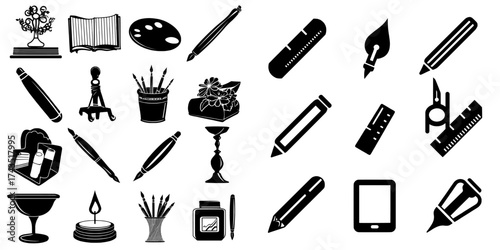 Editable stroke outline icons for art, creativity, and graphic design are showcased in a modern flat illustration isolated on white, with pixel perfection at a size of 64 x