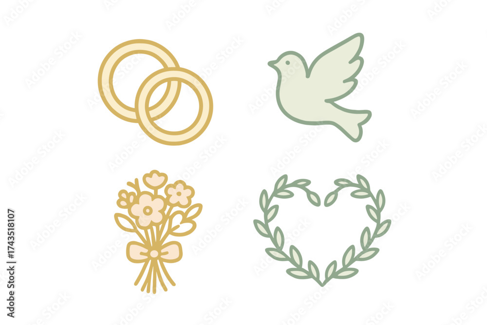 Obraz premium Wedding and romance icons set featuring rings, dove, bouquet, and heart wreath