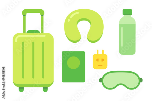 Essential travel accessories collection including suitcase, neck pillow, passport, and water bottle