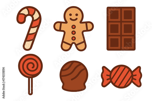 Holiday and sweet confectionery treats including gingerbread man, candy cane, and chocolate bar