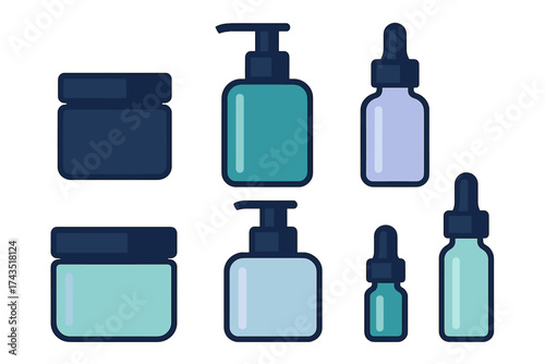 Set of cosmetic packaging containers including jars, pump bottles, and serum droppers
