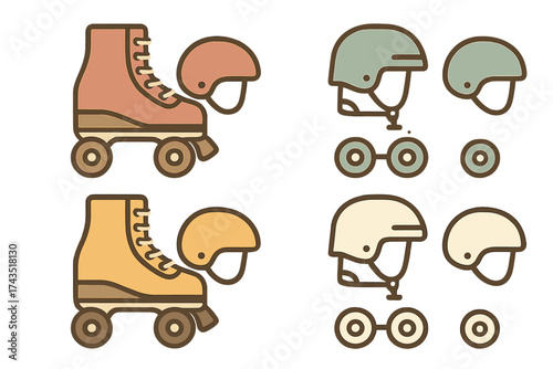 Retro roller skates and protective helmets collection in various colors