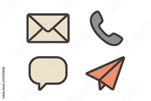 Essential communication icons: mail envelope, phone receiver, speech bubble, and paper airplane