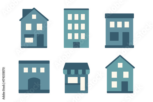 Stylized collection of residential and commercial buildings in flat graphic style