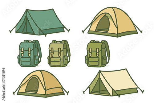Essential outdoor camping gear set featuring various styles of tents and rugged hiking backpacks