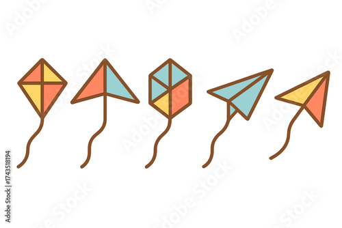 Five stylized kites featuring geometric patterns and long flowing strings