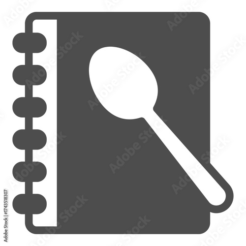 Recipe book and spoon solid icon, cooking concept. Vector graphics. Notepad sign on white background, glyph style icon for mobile or web design.