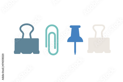 Essential office supplies set featuring binder clips, paperclip, and pushpin in flat graphic style