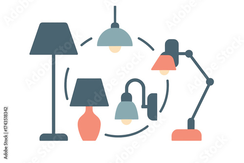 Set of contemporary indoor lighting fixtures including floor, desk, and wall lamps
