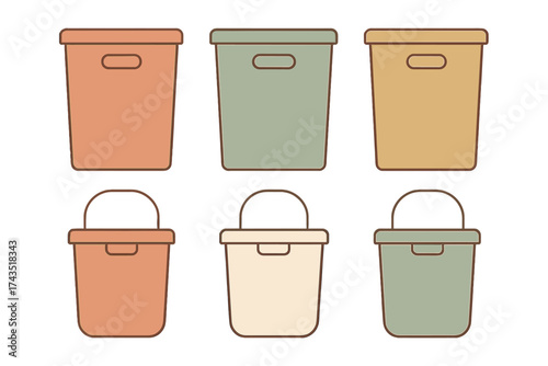 Set of six colorful storage containers and buckets in muted pastel colors for organization