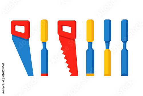 Colorful set of carpentry tools including two hand saws and multiple wood chisels