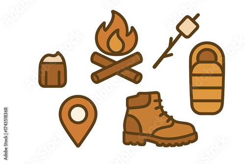 Collection of essential outdoor adventure symbols including campfire, hiking boot, and sleeping bag