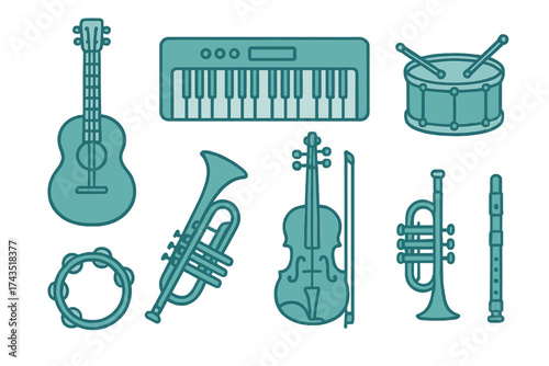 Collection of various musical instruments including string percussion brass and keyboard