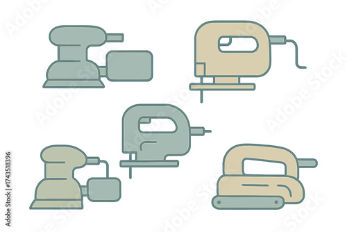 Collection of electric jigsaws and orbital and belt sanders power tools
