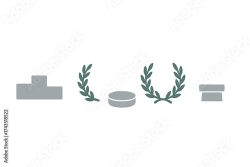 Minimalist success symbols collection featuring winner's podium, laurel wreaths, and gold ingots