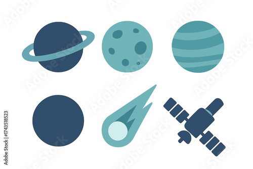 Minimalist collection of space icons featuring planets, moons, comet, and artificial satellite elements