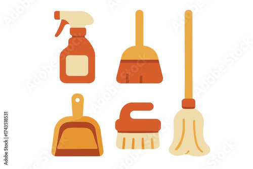 Collection of various household cleaning tools and equipment for sanitation