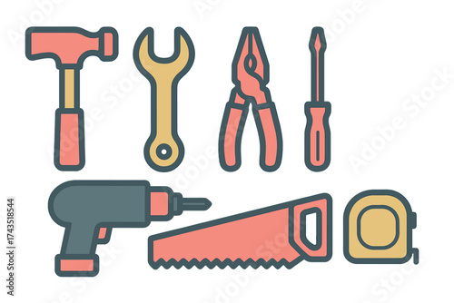 Essential set of construction and home repair tools including hammer wrench and saw