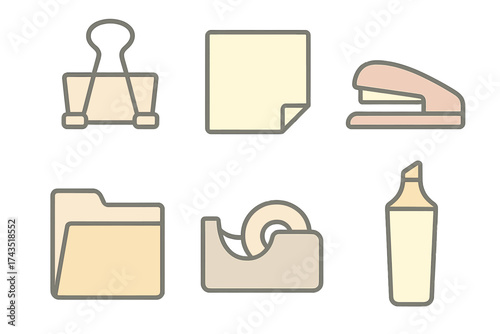 Essential office stationery icons set featuring clip note stapler folder and highlighter