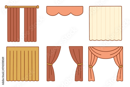 Collection of various window curtains and drapery styles for interior design elements