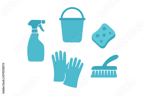 Essential household cleaning supplies and tools set for hygiene maintenance