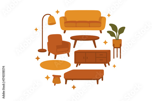 Stylish arrangement of mid-century modern inspired living room furniture and home decor items