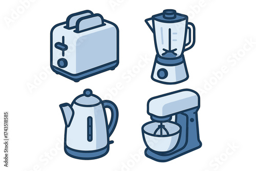 Isometric blue kitchen appliances set including toaster blender kettle and stand mixer