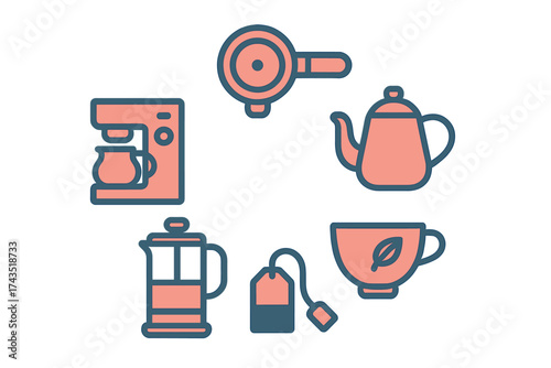 Collection of hot beverage preparation appliances including coffee maker, teapot, and French press