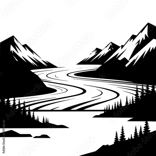 Vector art of winding glacier flowing through majestic mountains