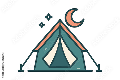 Minimalist camping tent pitched under a crescent moon and sparkling stars at night