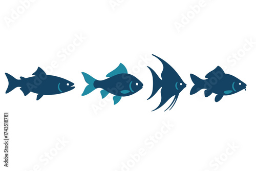 Collection of four stylized blue fish silhouettes representing aquatic species