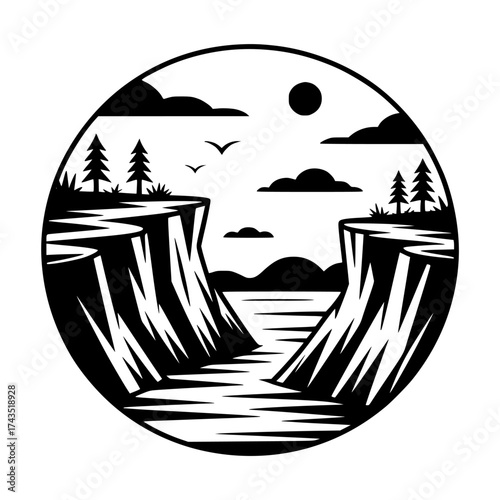 Vector art of circular landscape with river and cliffs