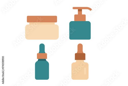 Collection of minimalist cosmetic product packaging including cream jar, pump dispenser, and serum dropper bottles
