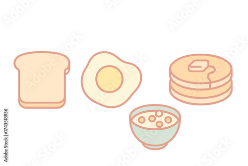 Popular morning meal items assortment including toast, fried egg, pancakes, and cereal
