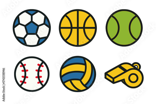 Popular sports equipment icons featuring various balls and a referee whistle