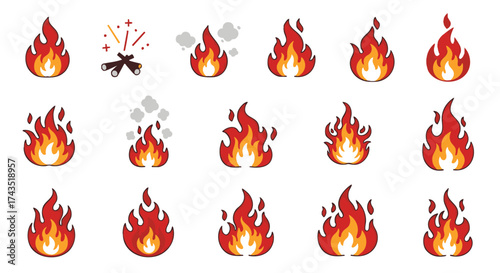 Vector set of fire and flame icons. Collection includes diverse blazes, burning embers, and smoke elements. Ideal for warning symbols, energy, heat, or decorative bonfire designs