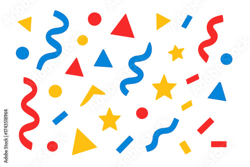 Colorful abstract geometric shapes and confetti elements scattered across a white background pattern