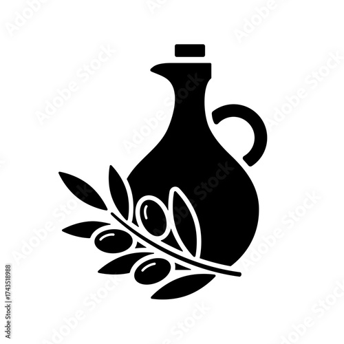 Olive oil vector icon with cruet and branch, black silhouette isolated on white. Glass decanter or jug and twig with olives and leaves of stencil style. Clipart sign for minimal design and logo.