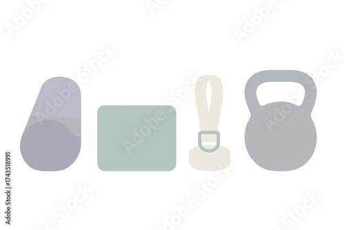 Collection of essential fitness and yoga equipment including mats, strap, and kettlebell