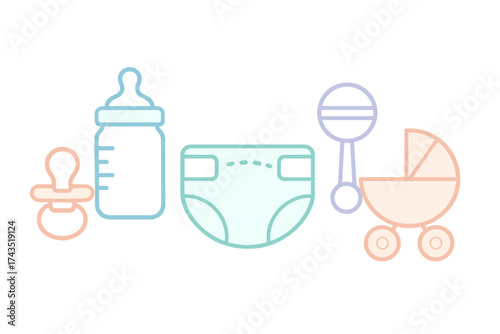 Essential baby care items set including pacifier bottle diaper and stroller