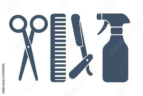 Professional tools set for barbershop and hairdressing salon: scissors, comb, razor, and spray bottle