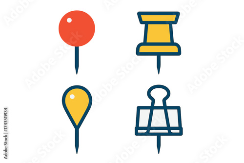 Colorful collection of essential office supplies including pushpin, map marker, thumbtack, and binder clip