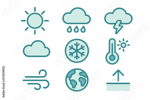Set of nine essential weather and climate forecast symbols including sun, rain, snow, wind, and temperature
