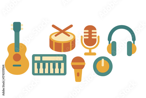 Vibrant collection of musical instruments and sound equipment symbols in flat design style